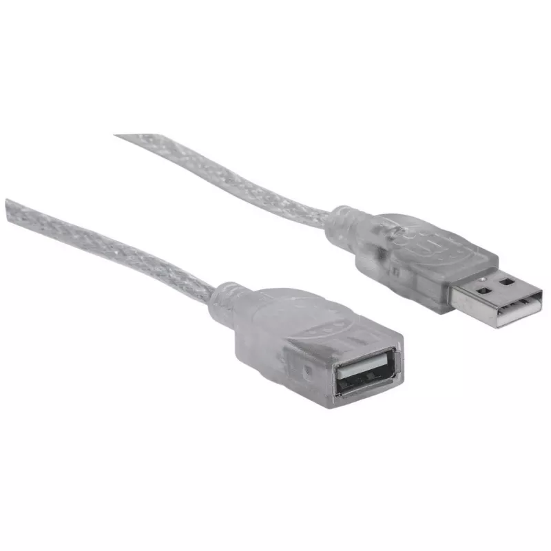 Manhattan USB-A uz USB-A pagarinātāja kabelis, 1,8 m, vīrietis pret sievieti, 480 Mbps (USB 2.0), Hi-Speed USB, caurspīdīgs sudraba krāsā, mūža garantija