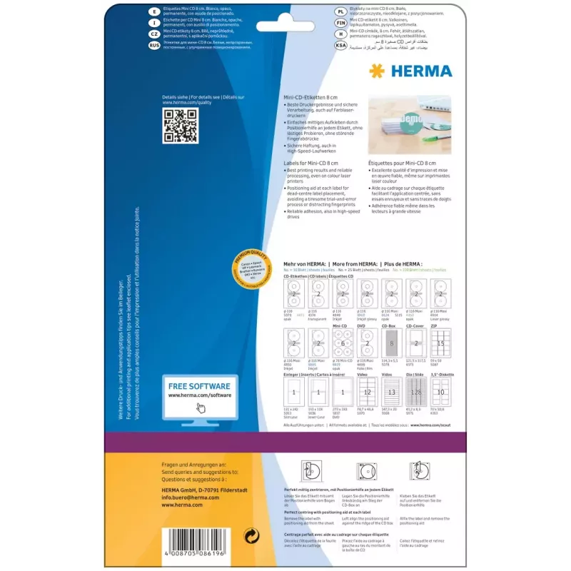 Pašlīmējošās uzlīmes HERMA CD Mini A4 Ø 78 mm