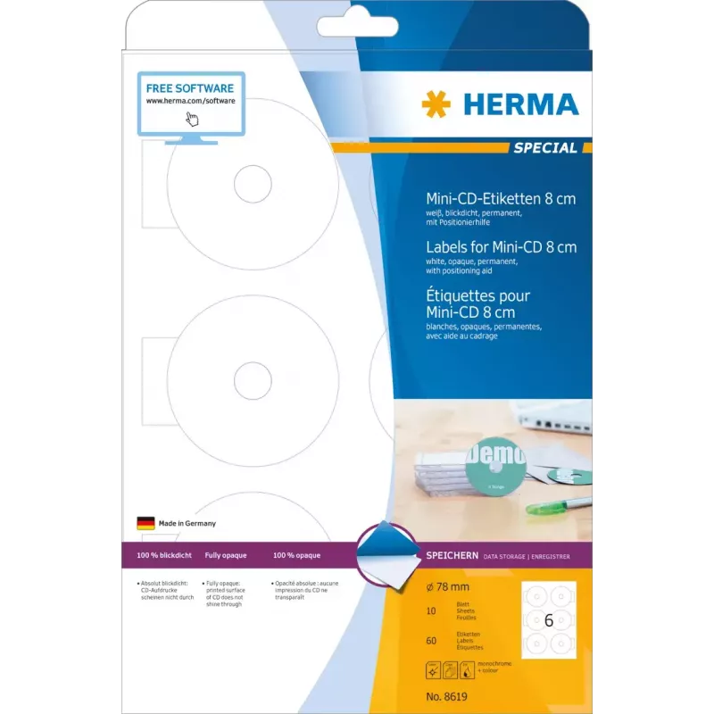 Pašlīmējošās uzlīmes HERMA CD Mini A4 Ø 78 mm