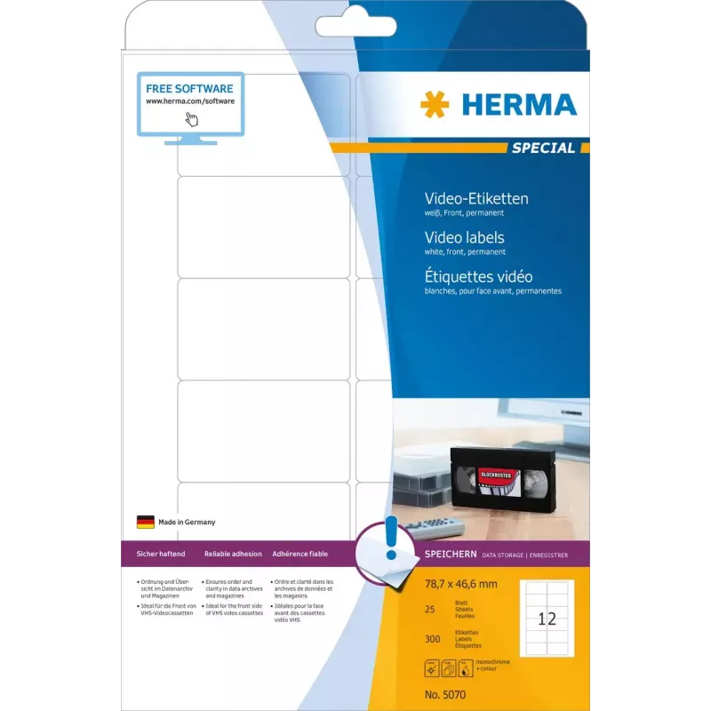 Pašlīmējošās printera uzlīmes HERMA Video uzlīmes A4 78.7x46.6 mm