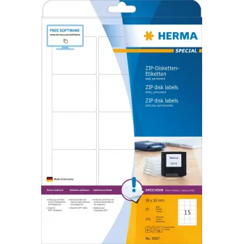 Etiķetes HERMA ZIP disketēm A4 59x50 mm balts papīrs matētas 375 gab.