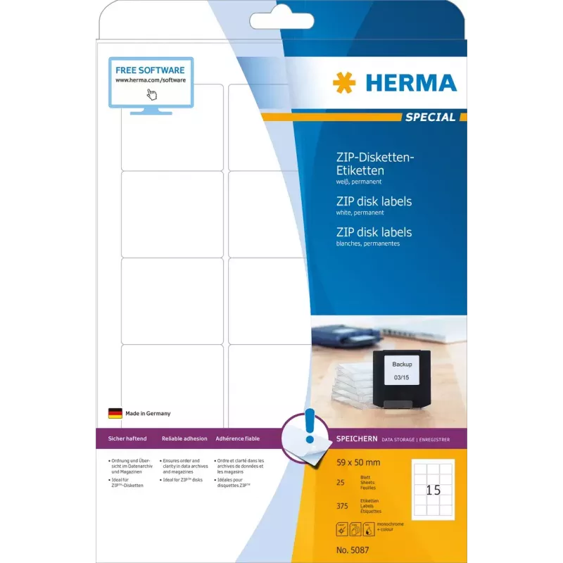Etiķetes HERMA ZIP disketēm A4 59x50 mm balts papīrs matētas 375 gab.