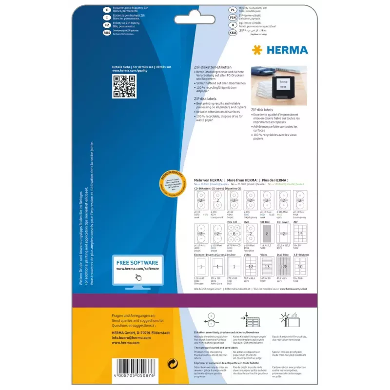 Etiķetes HERMA ZIP disketēm A4 59x50 mm balts papīrs matētas 375 gab.