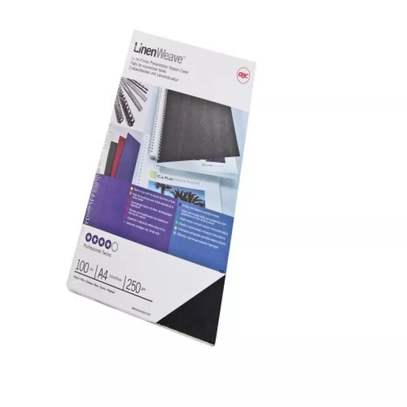 GBC LinenWeave iesiešanas vāki 250 g/m² A4 melni (100), A4, melni, 100 loksnes, 210 mm, 297 mm, 33 mm
