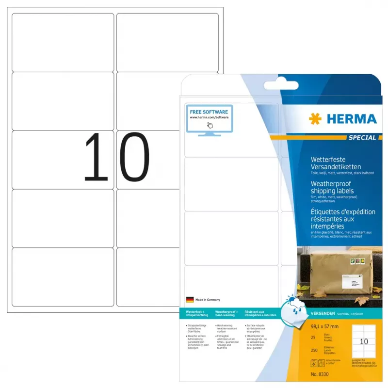 Piegādes uzlīmes HERMA 8330 A4 99,1x57 mm baltas stipra adhēzija plēve matēta