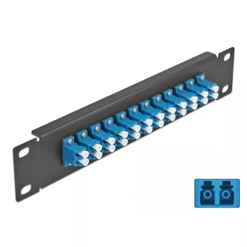 Šķiedru optikas savienotājpanelis DeLOCK 10 collu 12 pieslēgvietu LC Duplex zils 1U melns
