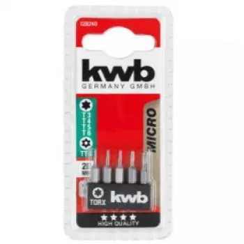 Skrūvgrieža uzgaļu komplekts KWB 128240 — 5 gab. Torx uzgaļi T3 T4 T5 T6 T8, 28 mm
