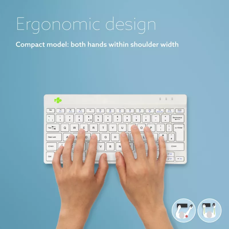 R-Go Tools Ergonomiskā tastatūra R-Go Compact Break, kompakta tastatūra ar pārtraukuma programmatūru, QWERTY (UK), Bluetooth, balta