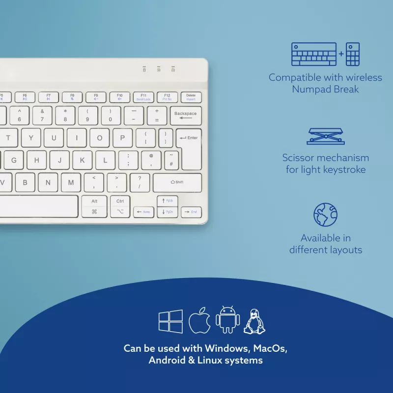R-Go Tools Ergonomiskā tastatūra R-Go Compact Break, kompakta tastatūra ar pārtraukuma programmatūru, QWERTY (UK), Bluetooth, balta
