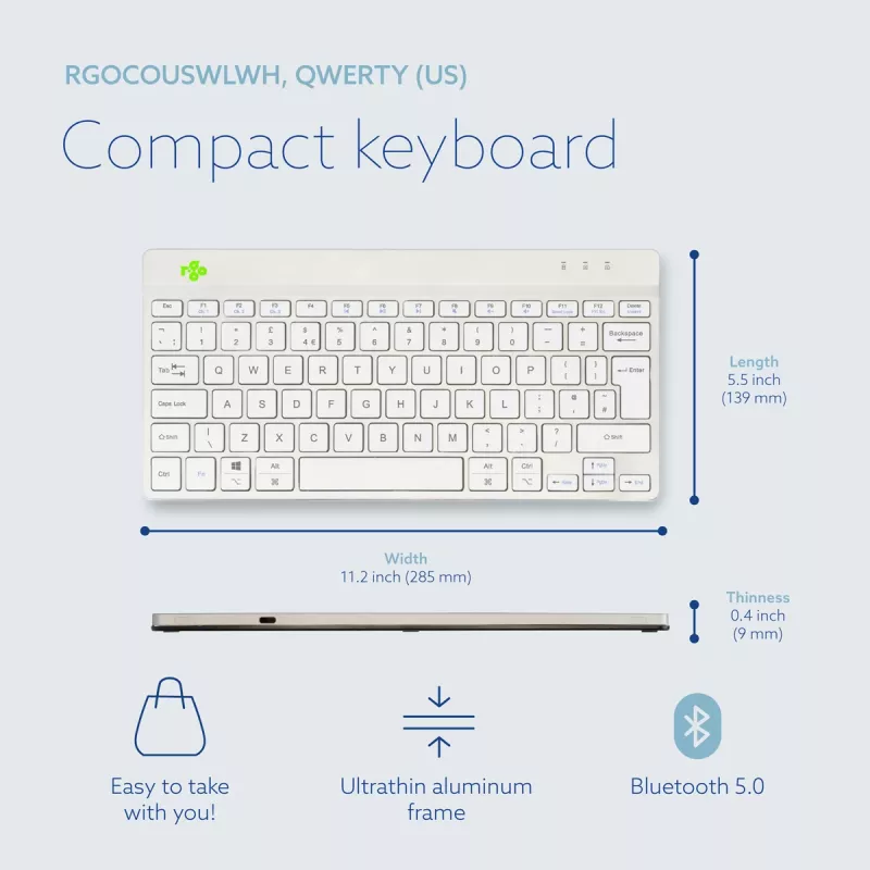 R-Go Tools Ergonomiskā tastatūra R-Go Compact Break, kompakta tastatūra ar pārtraukuma programmatūru, QWERTY (UK), Bluetooth, balta