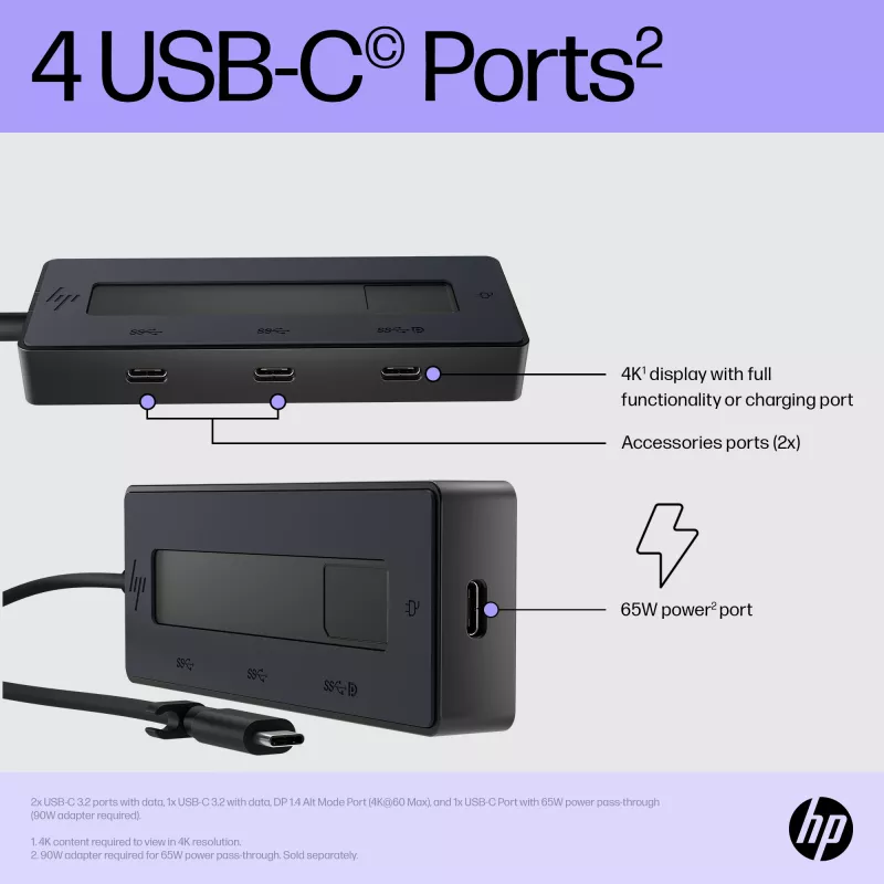 HP 4K USB-C Multiport Hub, USB Type-C, USB Type-C, 10000 Mbit/s, 3840 x 2160, Melns, 65 W