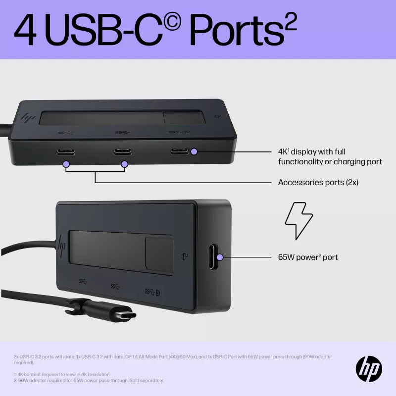 HP 4K USB-C Multiport Hub, USB Type-C, USB Type-C, 10000 Mbit/s, 3840 x 2160, Melns, 65 W