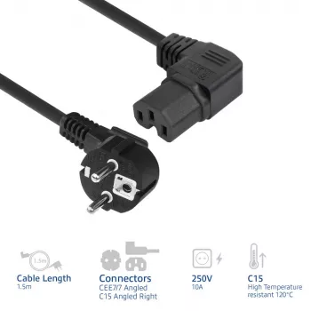 ACT Powercord tīkla kabelis CEE 7/7 vīrišķais (leņķveida) - C15 (leņķveida labais) IEC60320 melns 1.5 m