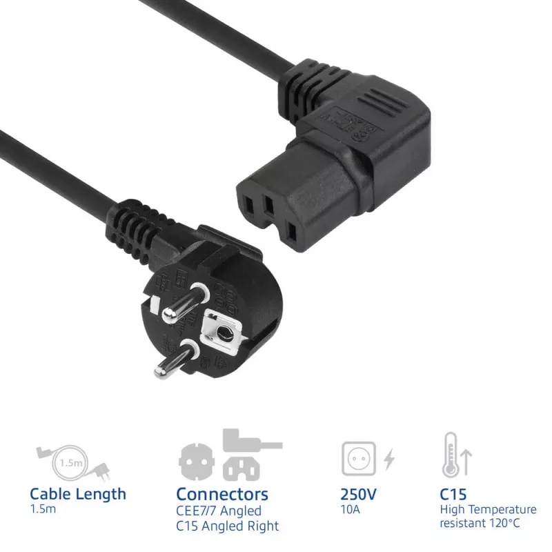 ACT Powercord tīkla kabelis CEE 7/7 vīrišķais (leņķveida) - C15 (leņķveida labais) IEC60320 melns 1.5 m