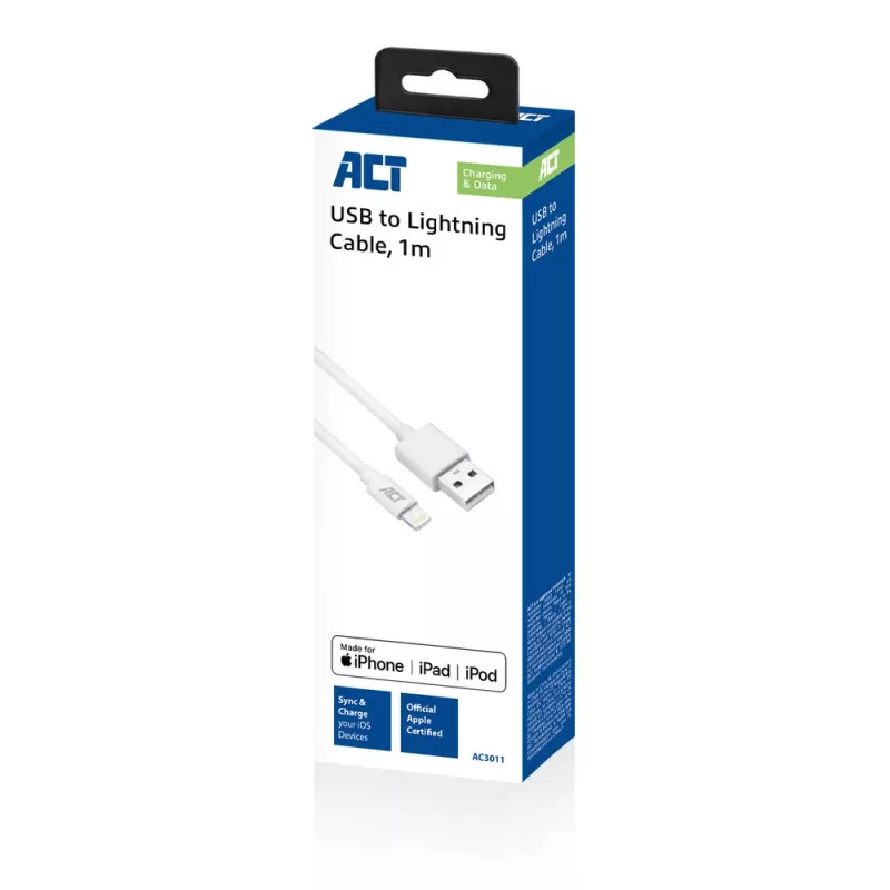 ACT USB 2.0 uzlādes/datu kabelis A vīr. - Lightning vīr. 1 metrs, MFI sertificēts