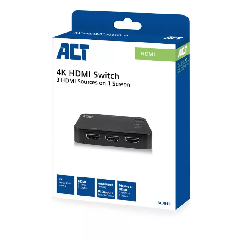 ACT 4K HDMI pārslēdzējs 3x1 melns 60Hz 1920x1080 3840x2160
