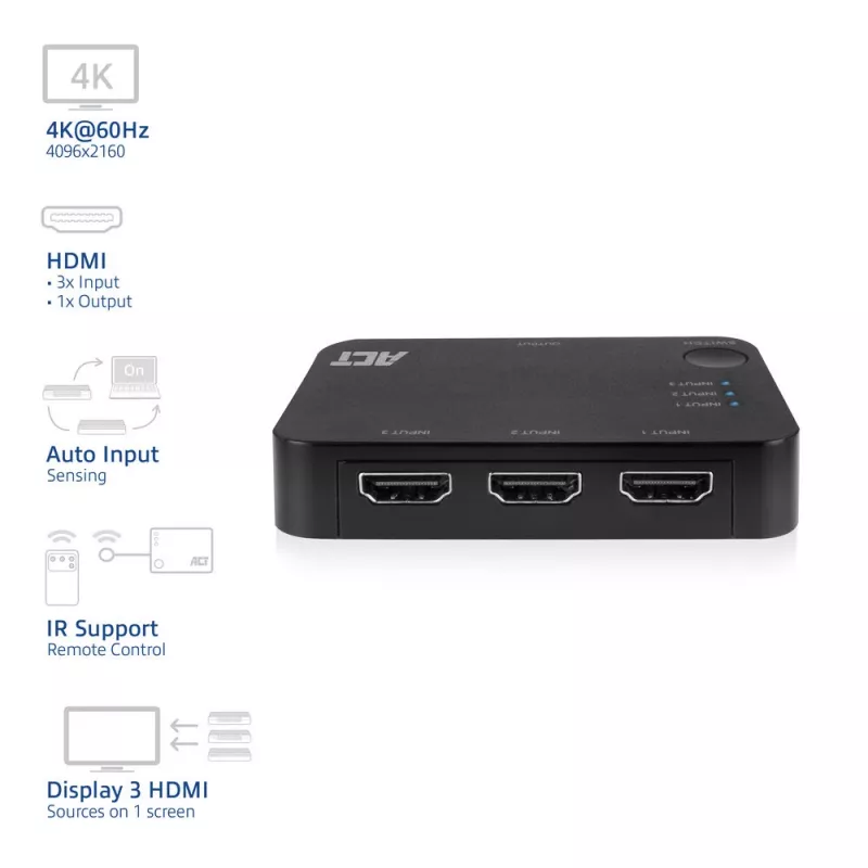 ACT 4K HDMI pārslēdzējs 3x1 melns 60Hz 1920x1080 3840x2160