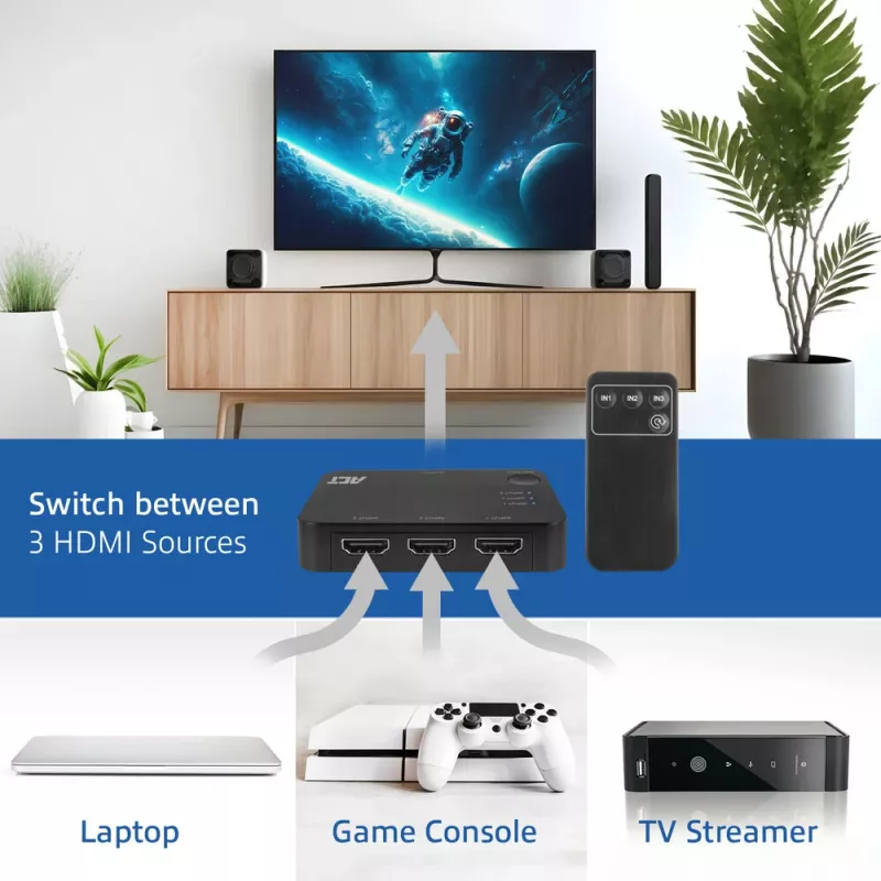 ACT 4K HDMI pārslēdzējs 3x1 melns 60Hz 1920x1080 3840x2160
