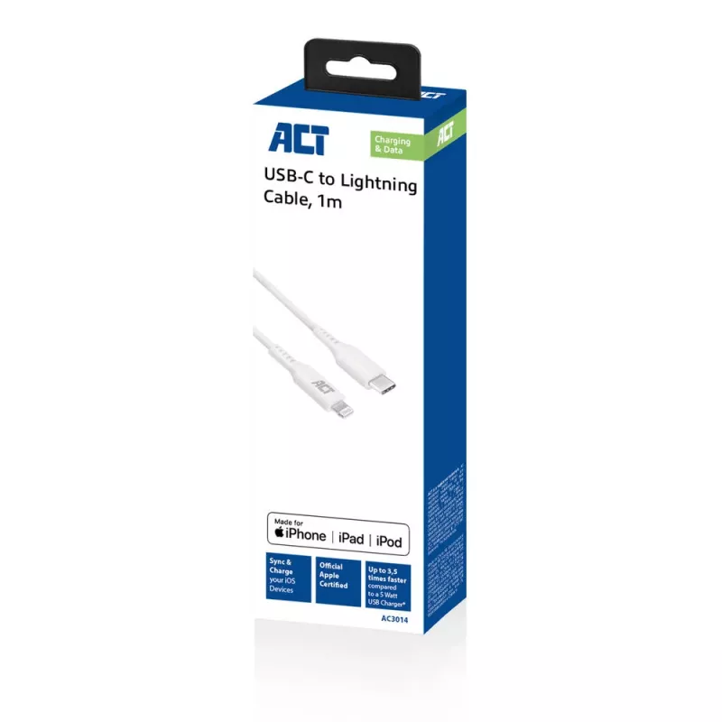 ACT USB 2.0 uzlādes/datu kabelis C vīrišķais - Lightning vīrišķais 1 metrs, MFI sertificēts