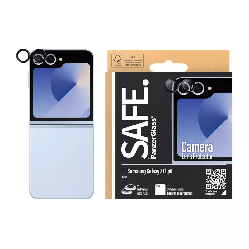 Kameras objektīva aizsargs PanzerGlass SAFE. Samsung Galaxy Z Flip6, melns, aizsardzība pret skrāpējumiem un triecieniem