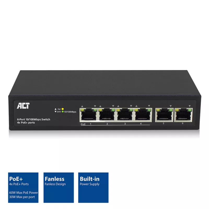 ACT 6 port, tīkla slēdzis, 10/100Mbps. 4x PoE+ (30W) port