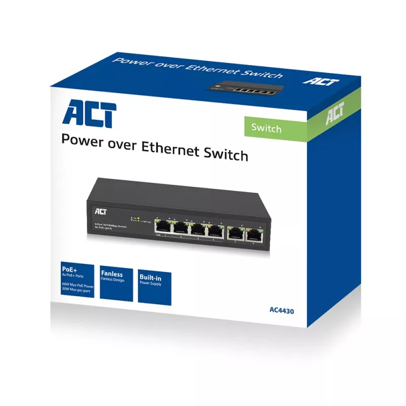 ACT 6 port, tīkla slēdzis, 10/100Mbps. 4x PoE+ (30W) port
