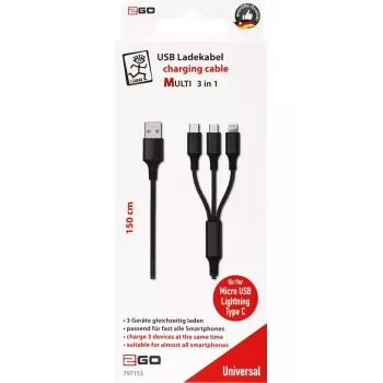 USB kabelis 2GO 797153 1.5m USB B USB C/Micro-USB B/Lightning Melns