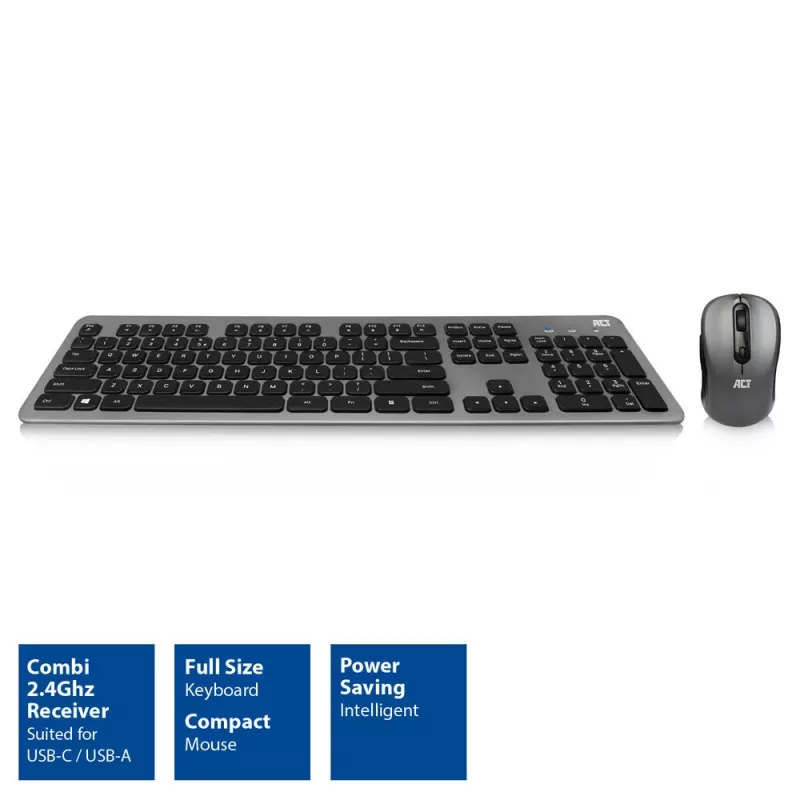 ACT bezvadu tastatūras un peles komplekts, USB-C/USB-A kombinētais uztvērējs (QWERTY/US izkārtojums)