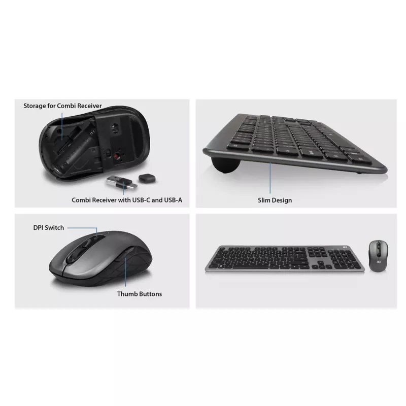 ACT bezvadu tastatūras un peles komplekts, USB-C/USB-A kombinētais uztvērējs (QWERTY/US izkārtojums)
