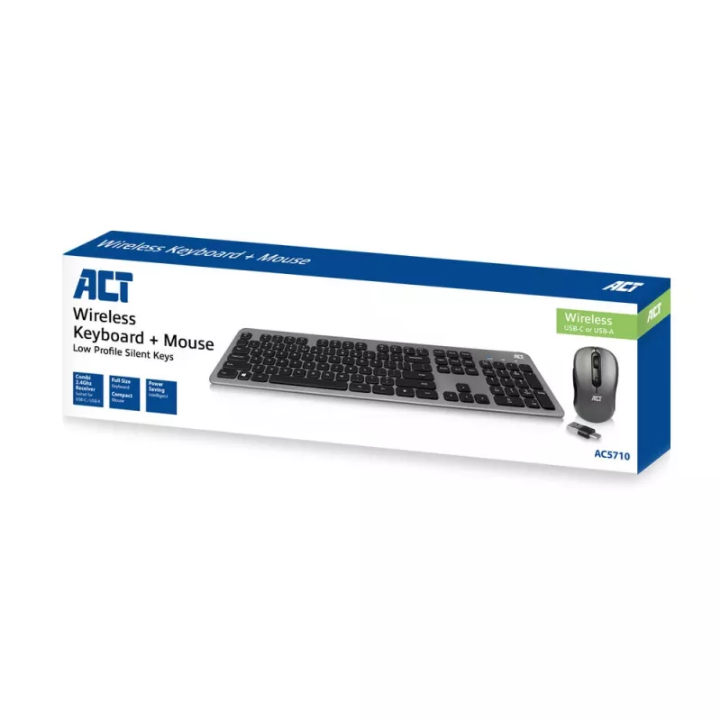 ACT bezvadu tastatūras un peles komplekts, USB-C/USB-A kombinētais uztvērējs (QWERTY/US izkārtojums)