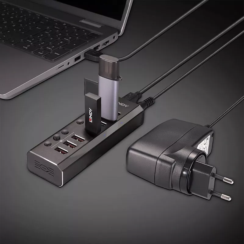 Lindy 4 portu USB 3.0 centrmezgls ar 3 Quick Charge 3.0 pieslēgvietām