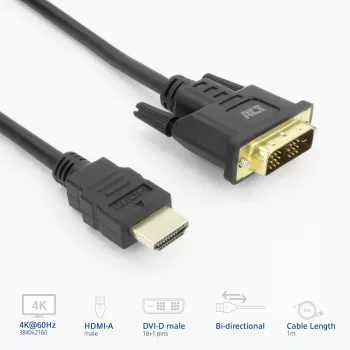 ACT AK3734 video kabeļu adapteris 1 m HDMI Type A (Standard) DVI-D melns