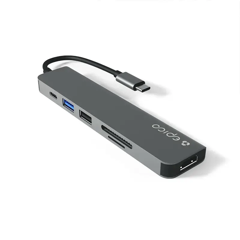 Saskarnes centrmezgls Epico 9915112100080 — USB Type-C resursdators, HDMI, USB 2.0, USB Type-C, MicroSD/SD karšu lasītājs, alumīnijs/TPU, pelēks