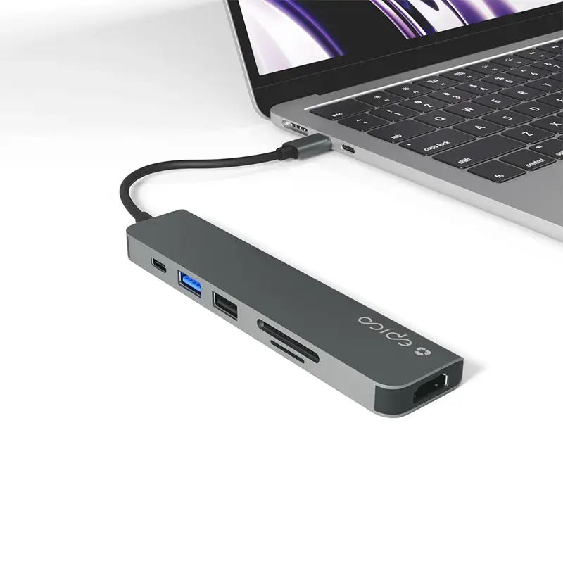 Saskarnes centrmezgls Epico 9915112100080 — USB Type-C resursdators, HDMI, USB 2.0, USB Type-C, MicroSD/SD karšu lasītājs, alumīnijs/TPU, pelēks