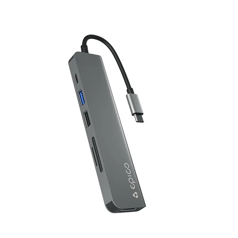 Saskarnes centrmezgls Epico 9915112100080 — USB Type-C resursdators, HDMI, USB 2.0, USB Type-C, MicroSD/SD karšu lasītājs, alumīnijs/TPU, pelēks