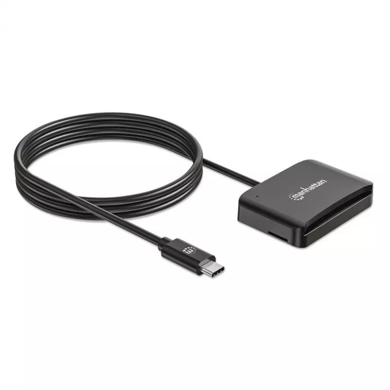 Manhattan USB-C kontaktu viedkaršu lasītājs ar MicroSD slotu, USB Type-C vīrišķais uz kontaktu lasītāja saskarni un microSDXC, atbalsta Windows, macOS un Linux, nolasa SIM kartes ar adapteri, kabelis 1 m, melns, trīs gadu garantija