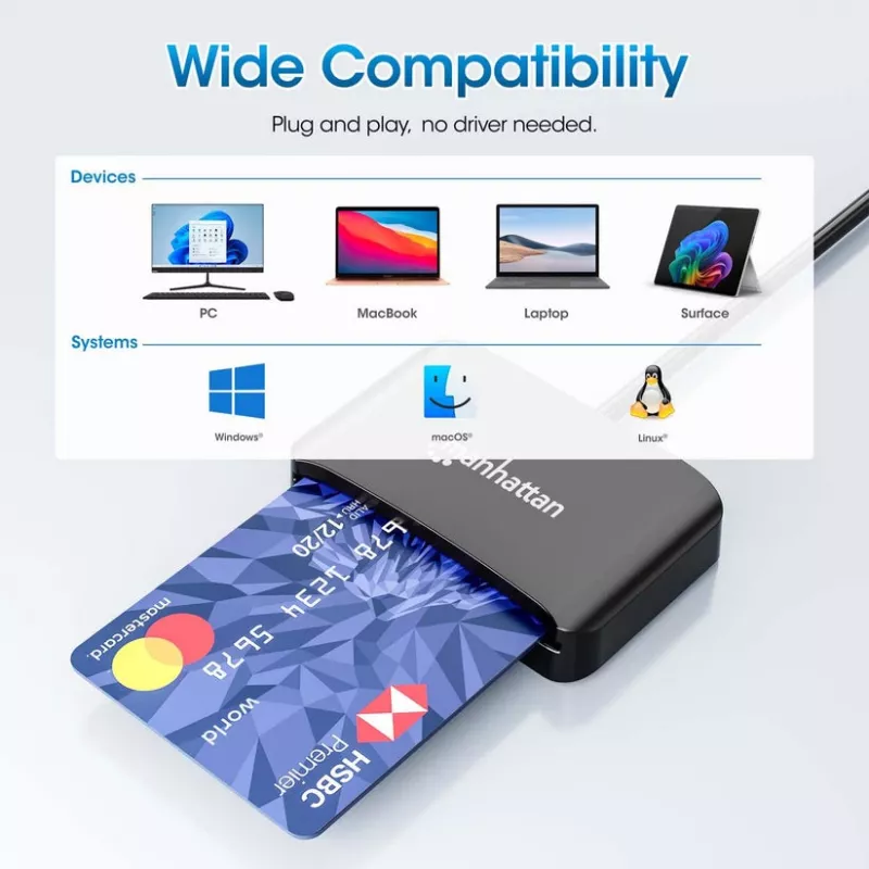 Manhattan USB-C kontaktu viedkaršu lasītājs ar MicroSD slotu, USB Type-C vīrišķais uz kontaktu lasītāja saskarni un microSDXC, atbalsta Windows, macOS un Linux, nolasa SIM kartes ar adapteri, kabelis 1 m, melns, trīs gadu garantija