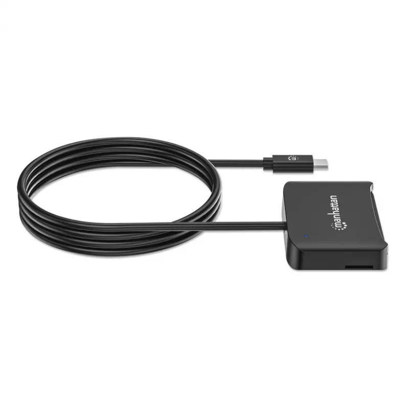 Manhattan USB-C kontaktu viedkaršu lasītājs ar MicroSD slotu, USB Type-C vīrišķais uz kontaktu lasītāja saskarni un microSDXC, atbalsta Windows, macOS un Linux, nolasa SIM kartes ar adapteri, kabelis 1 m, melns, trīs gadu garantija