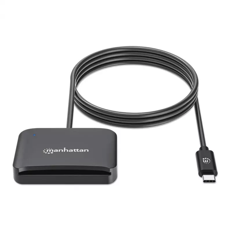 Manhattan USB-C kontaktu viedkaršu lasītājs ar MicroSD slotu, USB Type-C vīrišķais uz kontaktu lasītāja saskarni un microSDXC, atbalsta Windows, macOS un Linux, nolasa SIM kartes ar adapteri, kabelis 1 m, melns, trīs gadu garantija