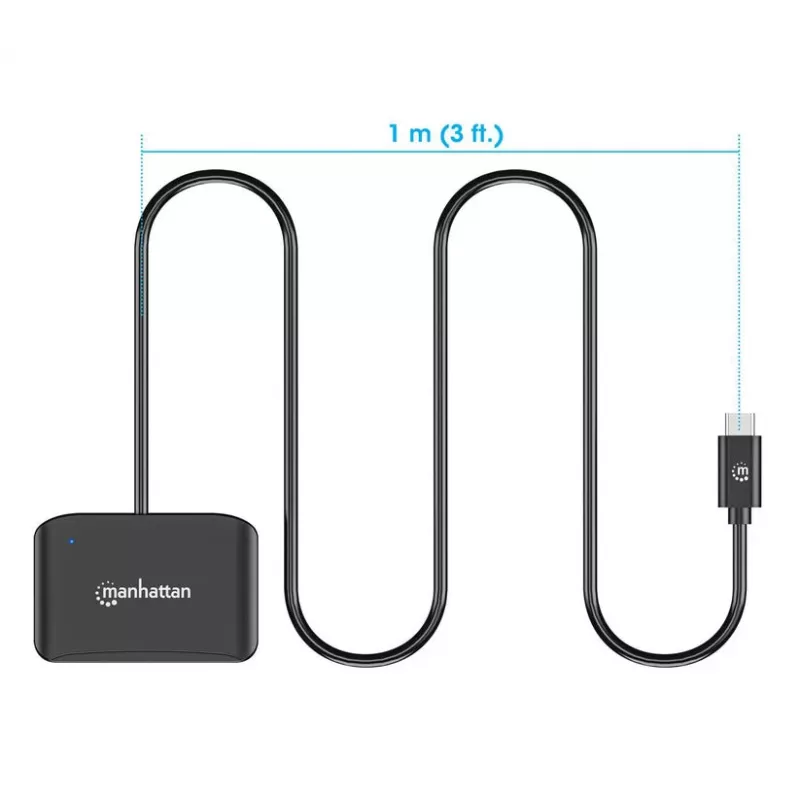 Manhattan USB-C kontaktu viedkaršu lasītājs ar MicroSD slotu, USB Type-C vīrišķais uz kontaktu lasītāja saskarni un microSDXC, atbalsta Windows, macOS un Linux, nolasa SIM kartes ar adapteri, kabelis 1 m, melns, trīs gadu garantija