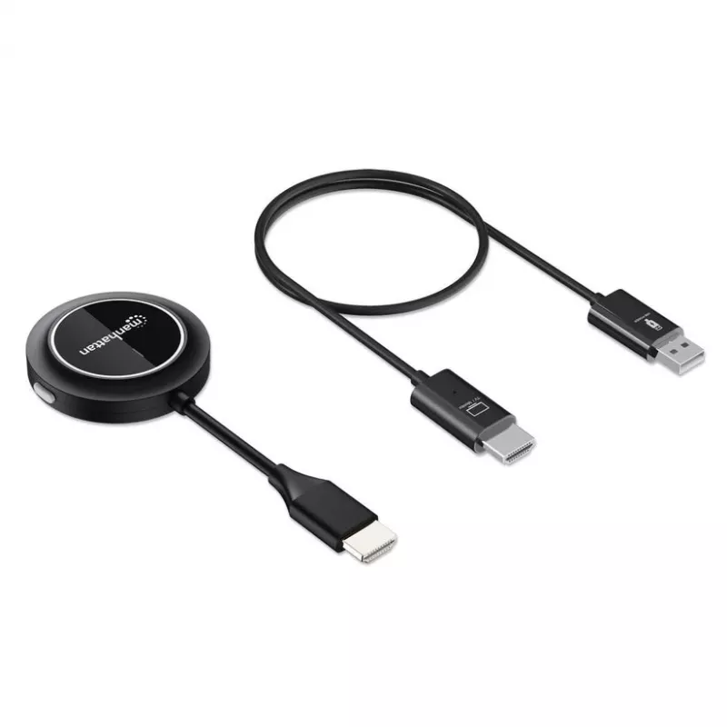 Manhattan 1080p bezvadu HDMI displeja prezentācijas komplekts, 2-daļu komplekts ar HDMI uztvērēju un HDMI raidītāja sargspraudni, lai bezvadu režīmā rādītu video signālu no klēpjdatora/planšetdatora/viedtālruņa uz HDMI televizora vai projektora, melns