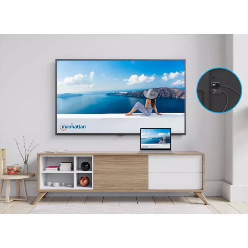 Manhattan 1080p bezvadu HDMI displeja prezentācijas komplekts, 2-daļu komplekts ar HDMI uztvērēju un HDMI raidītāja sargspraudni, lai bezvadu režīmā rādītu video signālu no klēpjdatora/planšetdatora/viedtālruņa uz HDMI televizora vai projektora, melns