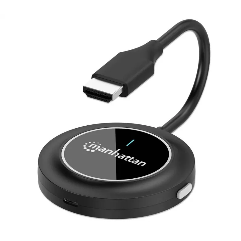 Manhattan 1080p bezvadu HDMI displeja prezentācijas komplekts, 2-daļu komplekts ar HDMI uztvērēju un HDMI raidītāja sargspraudni, lai bezvadu režīmā rādītu video signālu no klēpjdatora/planšetdatora/viedtālruņa uz HDMI televizora vai projektora, melns