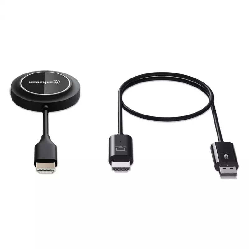 Manhattan 1080p bezvadu HDMI displeja prezentācijas komplekts, 2-daļu komplekts ar HDMI uztvērēju un HDMI raidītāja sargspraudni, lai bezvadu režīmā rādītu video signālu no klēpjdatora/planšetdatora/viedtālruņa uz HDMI televizora vai projektora, melns
