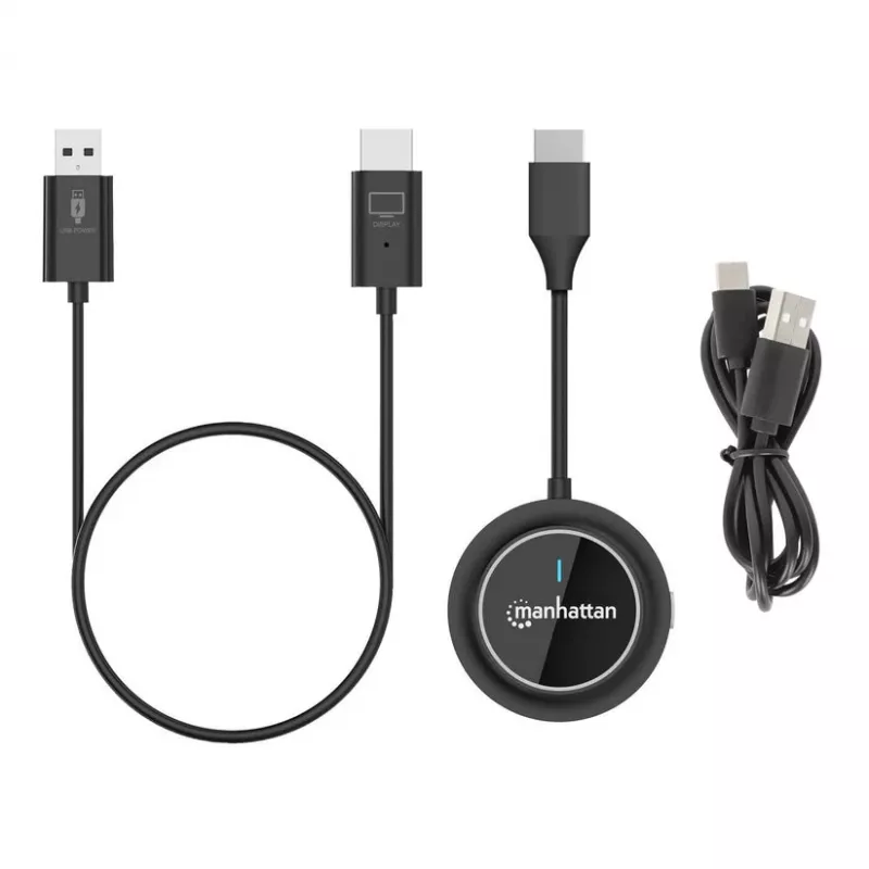Manhattan 1080p bezvadu HDMI displeja prezentācijas komplekts, 2-daļu komplekts ar HDMI uztvērēju un HDMI raidītāja sargspraudni, lai bezvadu režīmā rādītu video signālu no klēpjdatora/planšetdatora/viedtālruņa uz HDMI televizora vai projektora, melns
