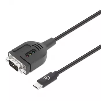 Manhattan USB-C uz seriālo interfeisu pārveidotāja kabelis, 1 m, spraudnis-spraudnis, seriālais interfeiss/RS232/COM/DB9, Prolific PL2303GT mikroshēma, melns kabelis, trīs gadu garantija