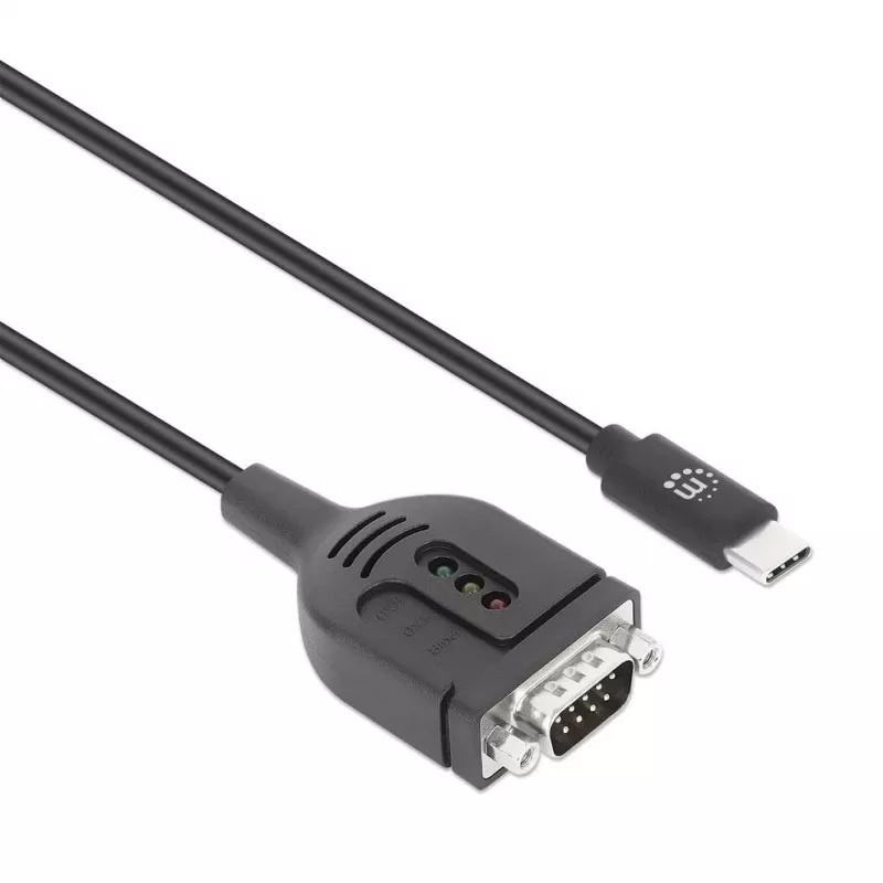 Manhattan USB-C uz seriālo interfeisu pārveidotāja kabelis, 1 m, spraudnis-spraudnis, seriālais interfeiss/RS232/COM/DB9, Prolific PL2303GT mikroshēma, melns kabelis, trīs gadu garantija