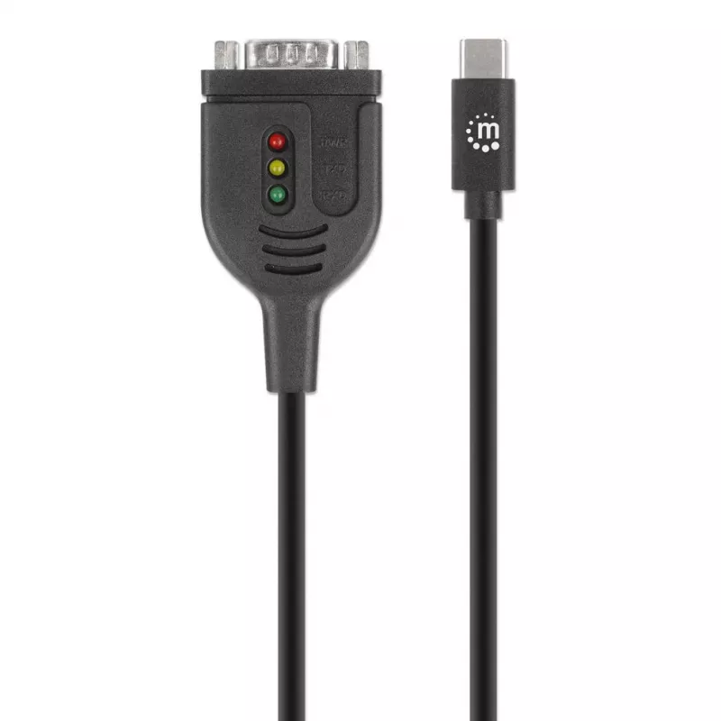 Manhattan USB-C uz seriālo interfeisu pārveidotāja kabelis, 1 m, spraudnis-spraudnis, seriālais interfeiss/RS232/COM/DB9, Prolific PL2303GT mikroshēma, melns kabelis, trīs gadu garantija