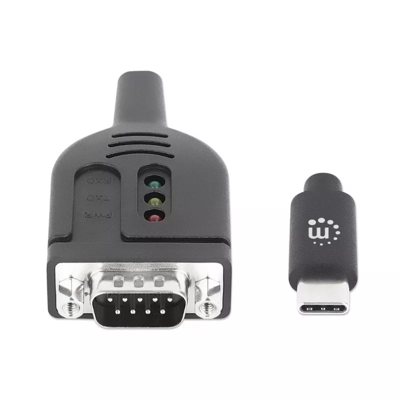 Manhattan USB-C uz seriālo interfeisu pārveidotāja kabelis, 1 m, spraudnis-spraudnis, seriālais interfeiss/RS232/COM/DB9, Prolific PL2303GT mikroshēma, melns kabelis, trīs gadu garantija