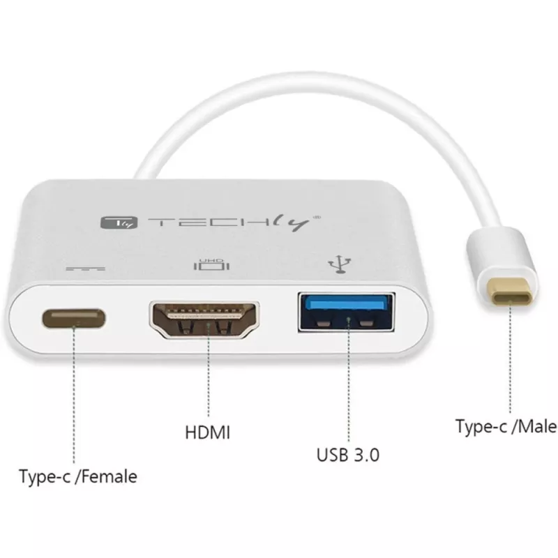 Techly IADAP USB31-HDMIPTY klēpjdatora dokstacija/portu replikators, vadu, USB 3.2 Gen 1 (3.1 Gen 1) Type-C, sudraba